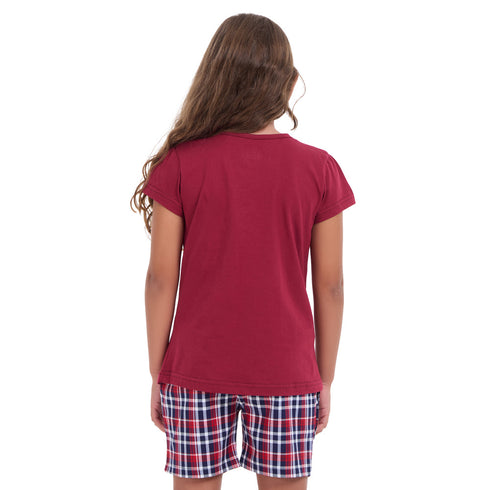 Girls summer pajama set Dark red t-shirt + Dark Blue x Red Checkered shorts